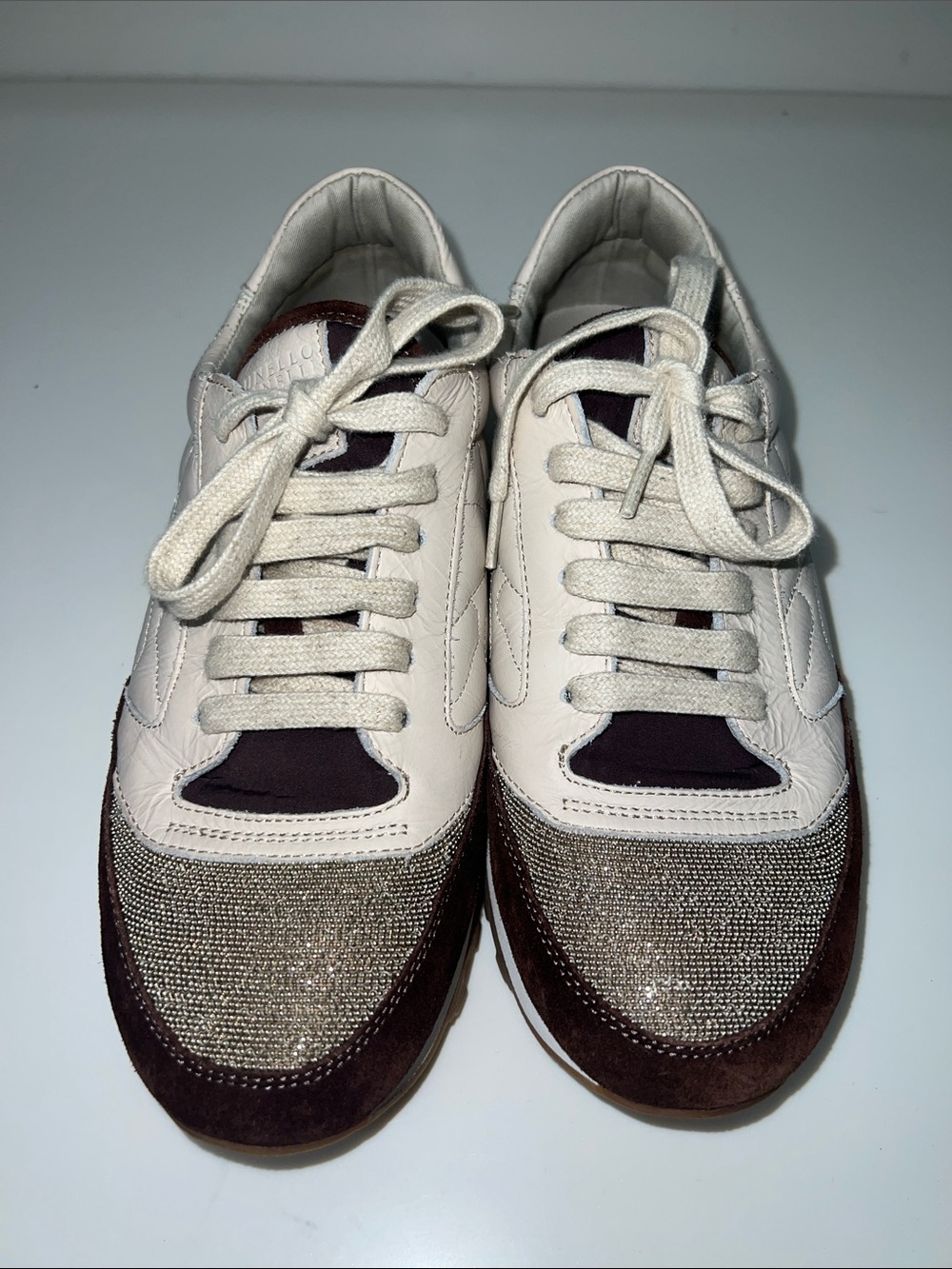 Brunello Cucinelli Cream and Brown Mixed-Material Sneakers